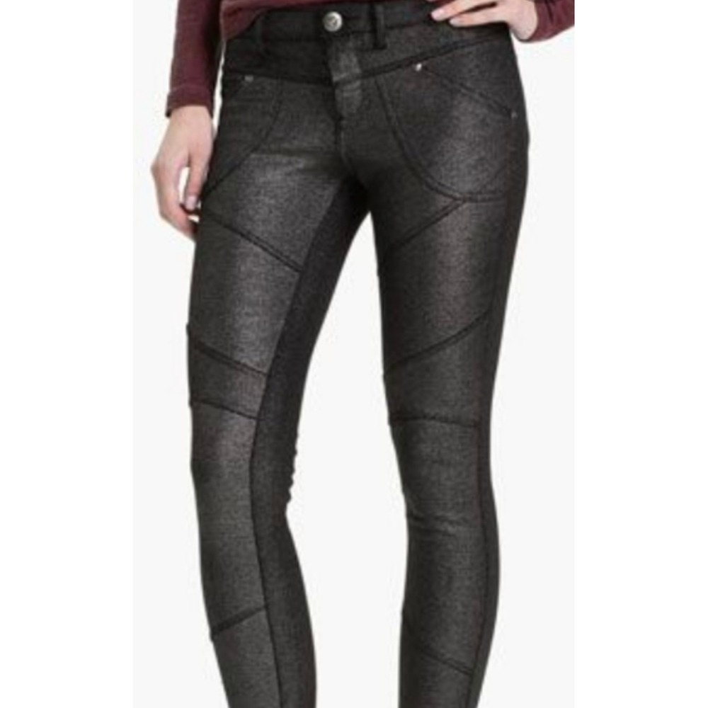 Free People Moto Leggings Metallic Black Detail‎ Skinny Pants Sz 26 retails $225